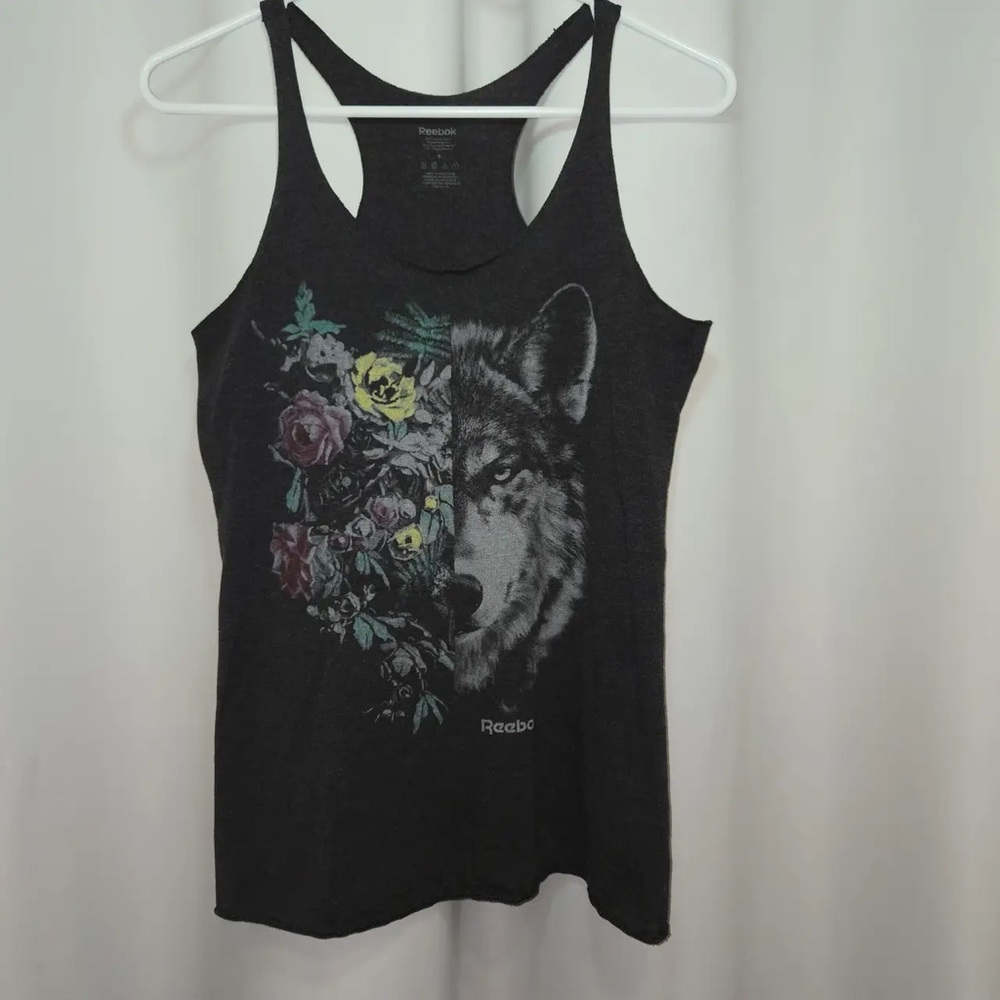 Reebok Black Racerback Tank with Wolf and Floral Artwork